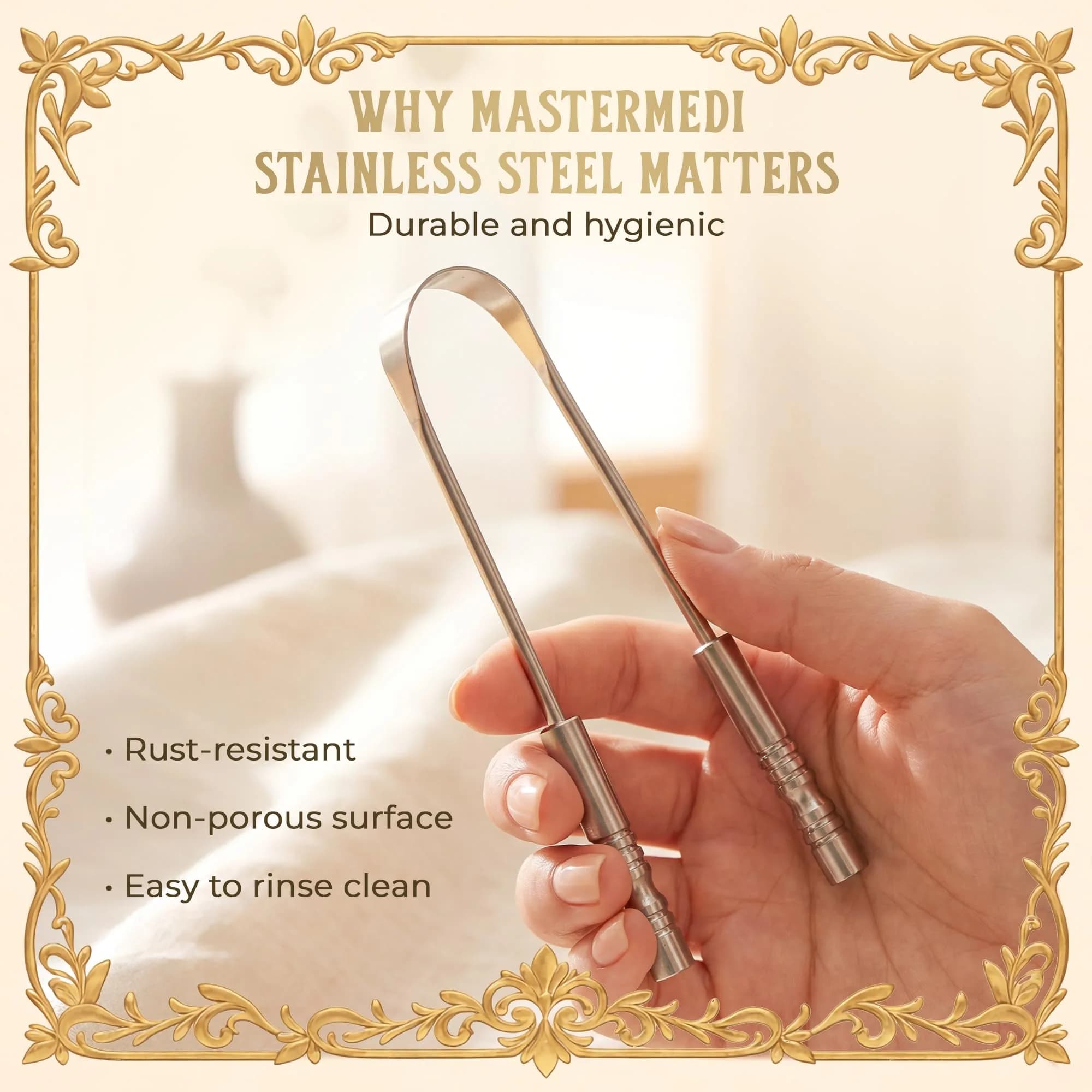 mastermedi Stainless Steel Tongue Scraper 2 Count (Pack of 1) | Reduces Bad Breath, Enhances Taste - view 5