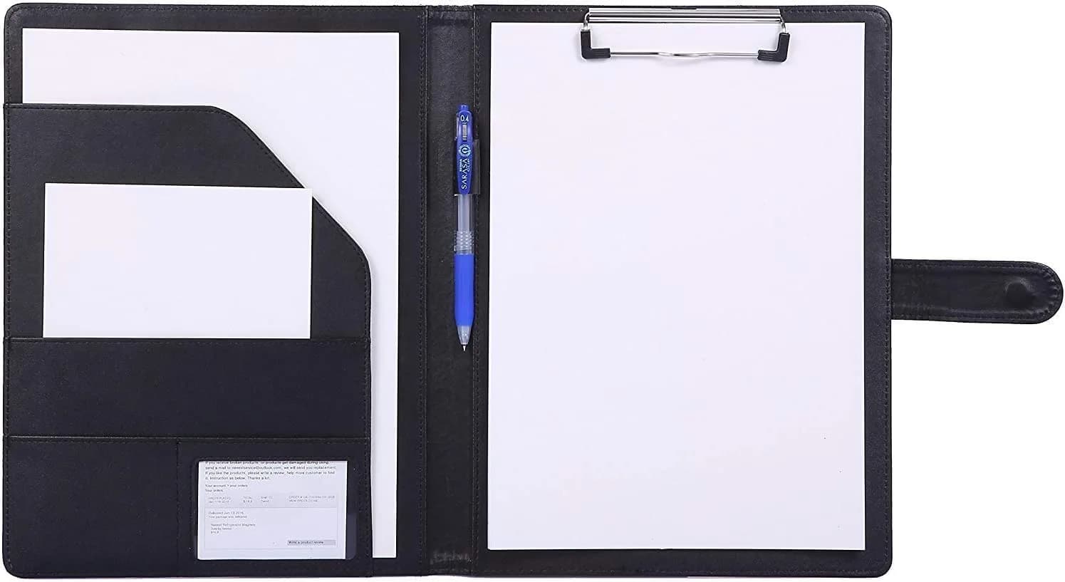 Mymazn Black Faux Leather Padfolio Clipboard Folder Portfolio with Pen Holder for Letter Size A4 Writing Pad | Professional Business & Office Organizer - main product image