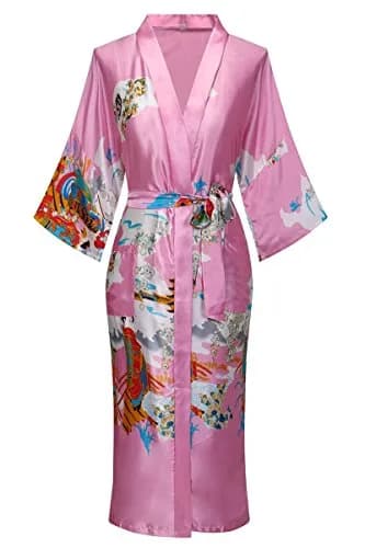 DandyChic Women's Kimono Robe Pagoda Print Imitation Silk Long Style X-Large Pink | Elegant Floral Kimono for Lounge & Sleep thumbnail 1
