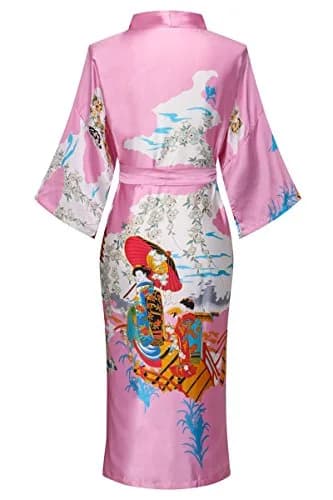 DandyChic Women's Kimono Robe Pagoda Print Imitation Silk Long Style X-Large Pink | Elegant Floral Kimono for Lounge & Sleep thumbnail 2