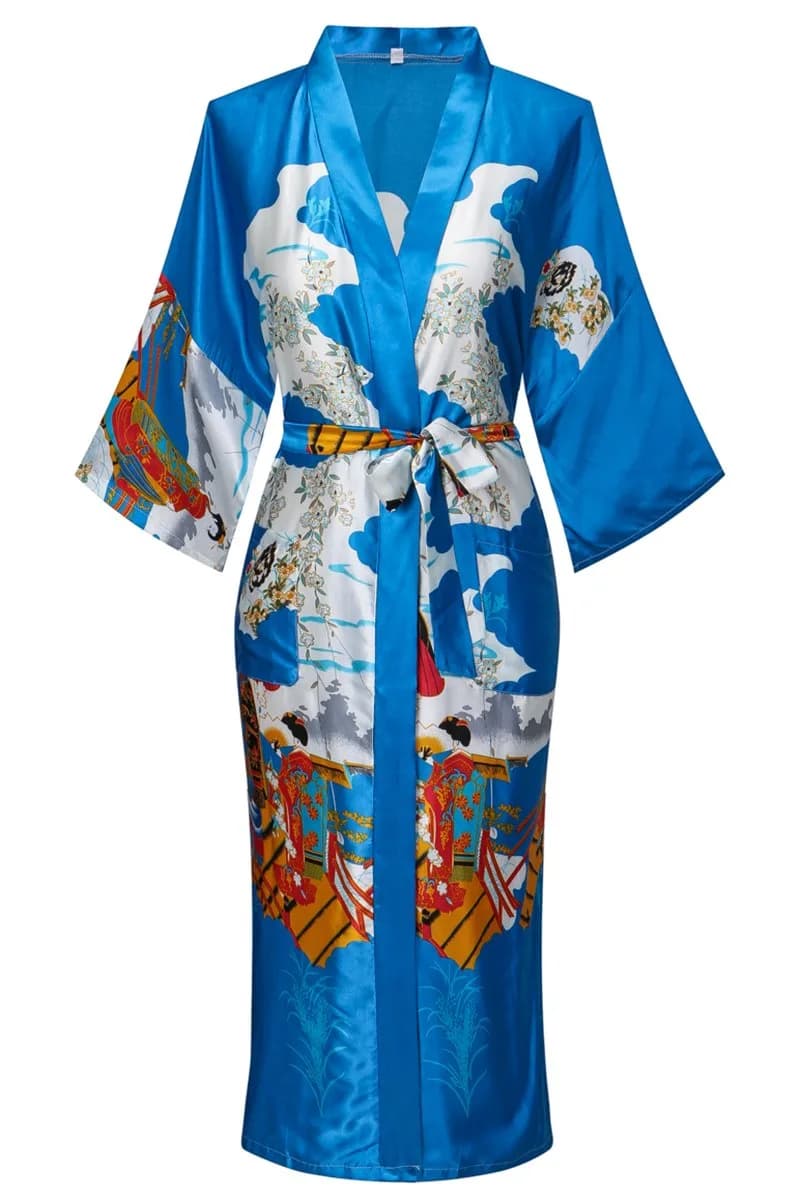 DandyChic Women's Kimono Robe Pagoda Print Imitation Silk Small Blue | Elegant Floral Lounge Wear