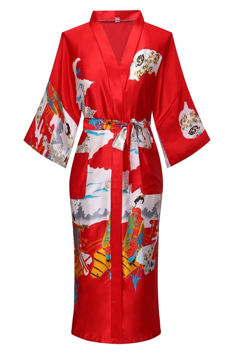 DandyChic Women's Kimono Robe Pagoda Print Imitation Silk Medium Red | Elegant Floral Long Style