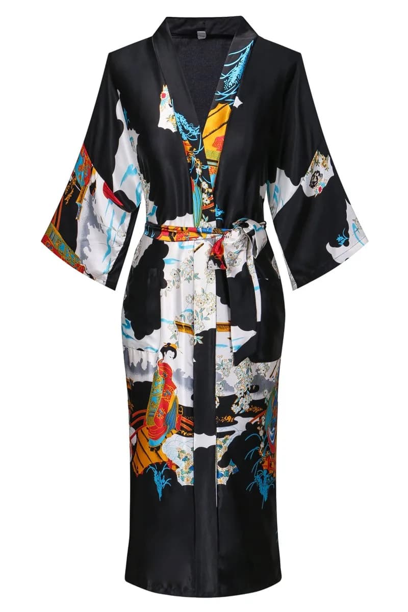 DandyChic Women's Kimono Robe Pagoda Print Imitation Silk Small Black | Elegant Floral Lounge — Black