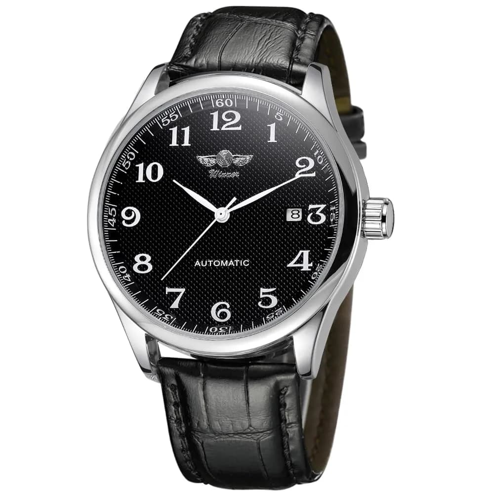 VIGOROSO Men's Automatic Mechanical Watch with White Dial & Brown Leather Strap | 40mm Case — Black