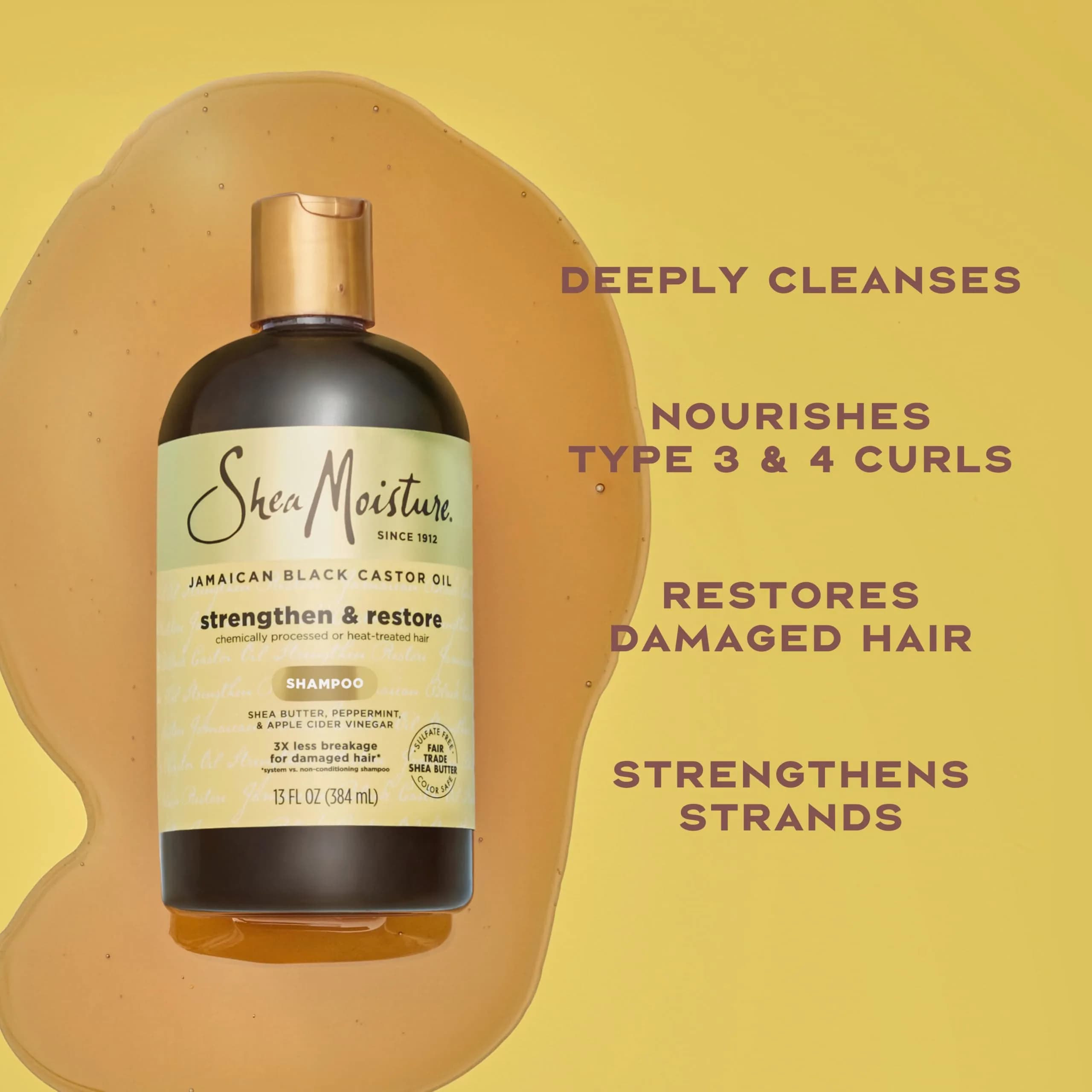 Shea Moisture Strengthen and Restore Shampoo Pure Jamaican Black Castor Oil 384ml (13 fl oz) | Cleanses and Nourishes Damaged Hair - view 4