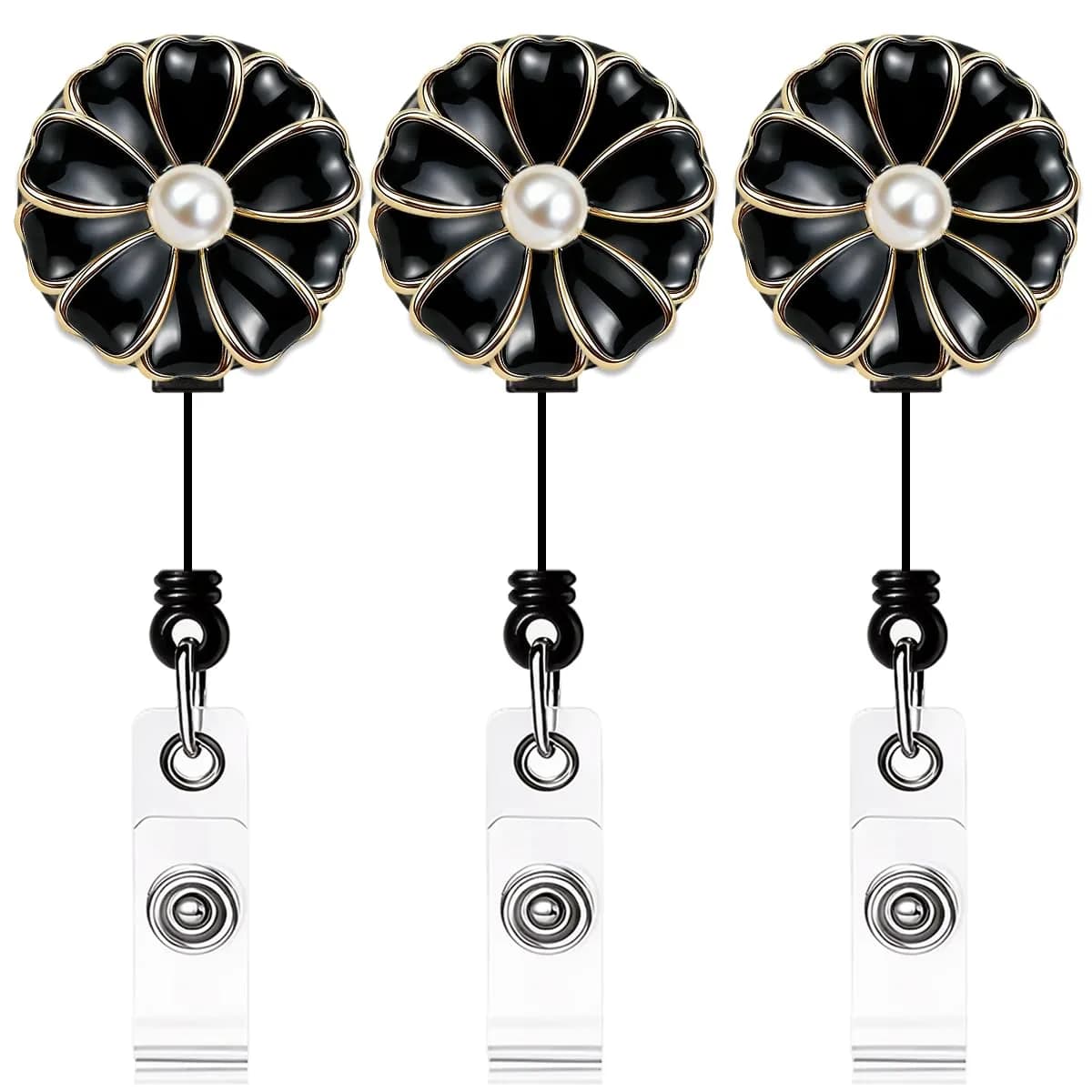 Qinsuee Badge Holder with Pearl & Alligator Clip | 24 inch Retractable Cord, 3 Pack — Black