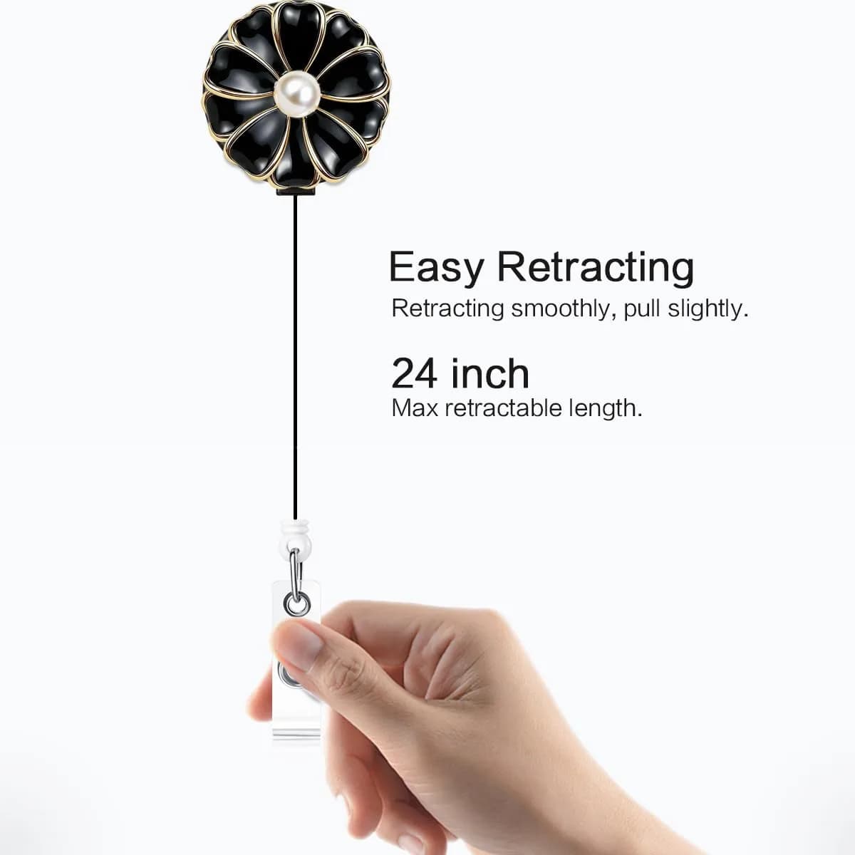 Qinsuee Retractable Badge Holder, ID Badge Reel with Pearl, 3 Pack (Black) | Durable Stainless Steel Clip, 24-inch Max Retract thumbnail 5