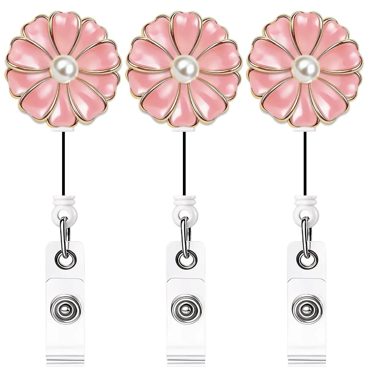 Qinsuee Pink 3 Pack Badge Holder | Retractable ID Badge Reel with Pearl, 24-inch Max Length — Pink