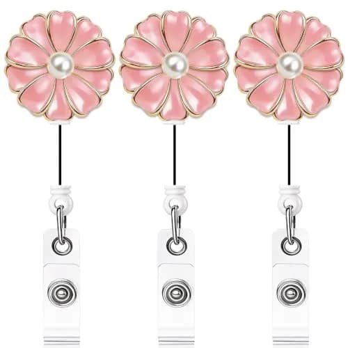 Qinsuee Pink 3 Pack Badge Holder | Retractable ID Badge Reel with Pearl, 24-inch Max Length thumbnail 1