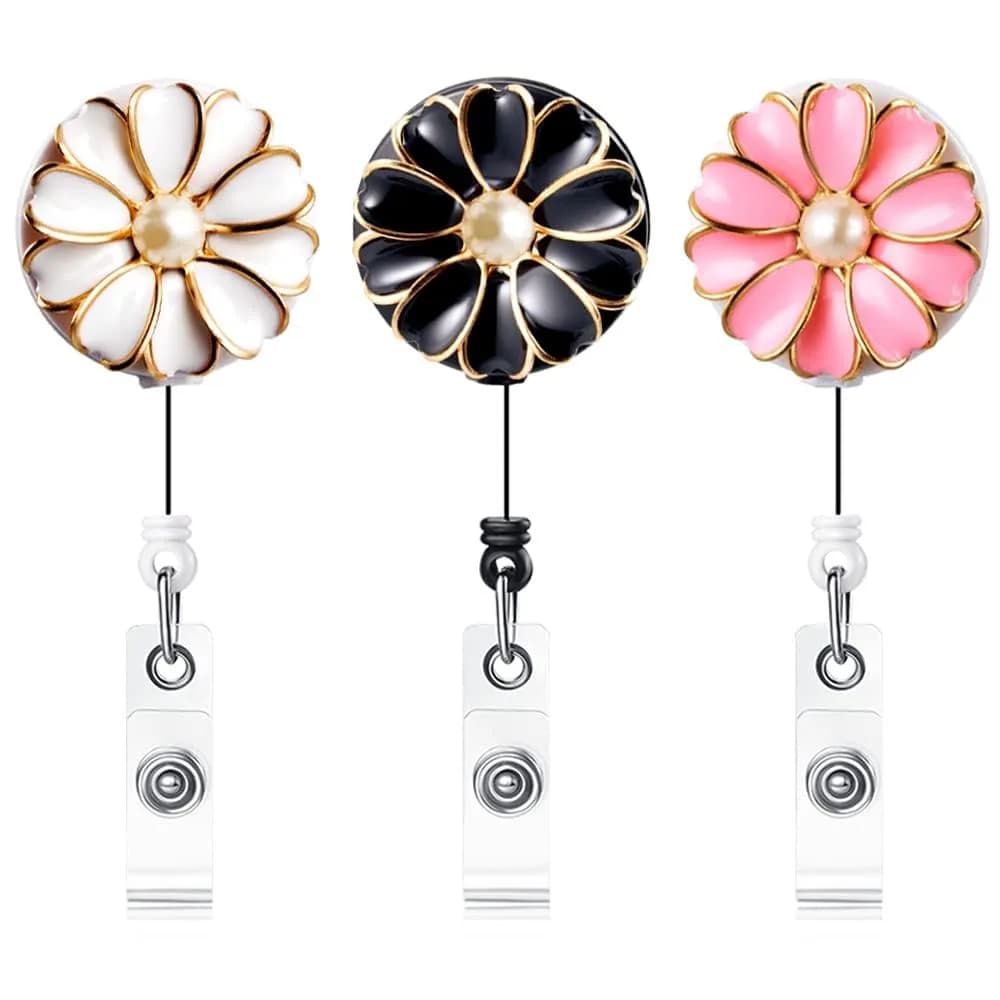 Qinsuee Badge Holder with Pearl & Alligator Clip | 24 inch Retractable Cord, 3 Pack - main product image
