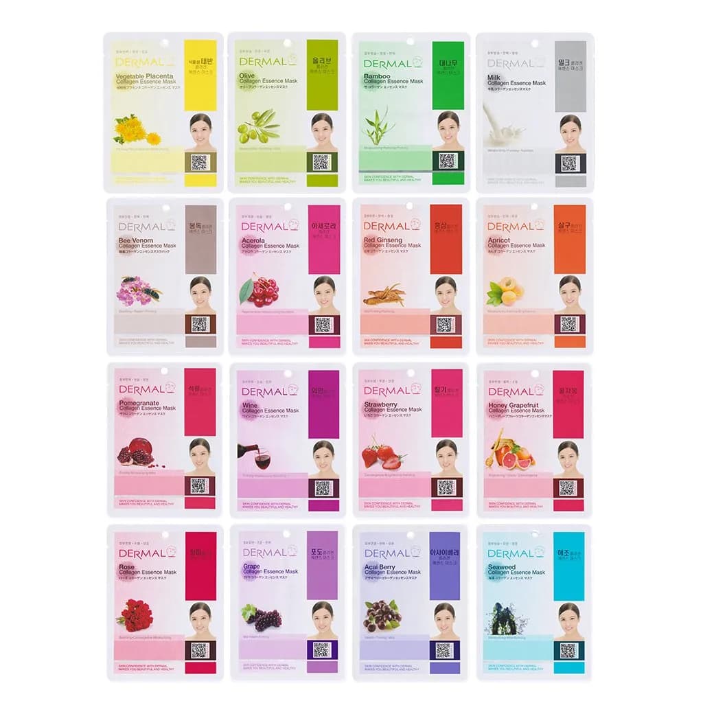 DERMAL 16 Collagen Korean Essence Sheet Mask Variety Pack B Set | 23g Essence Each — Set B1 16 Colors
