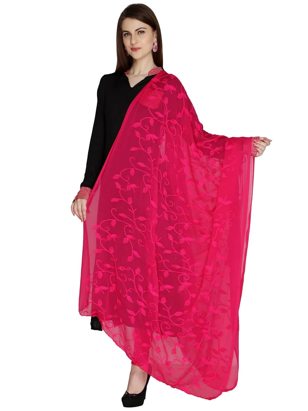 DUPATTA BAZAAR Embroidered Pink Chiffon Dupatta 93x42 inch | Soft & Breathable for Ethnic & Western Wear - main product image