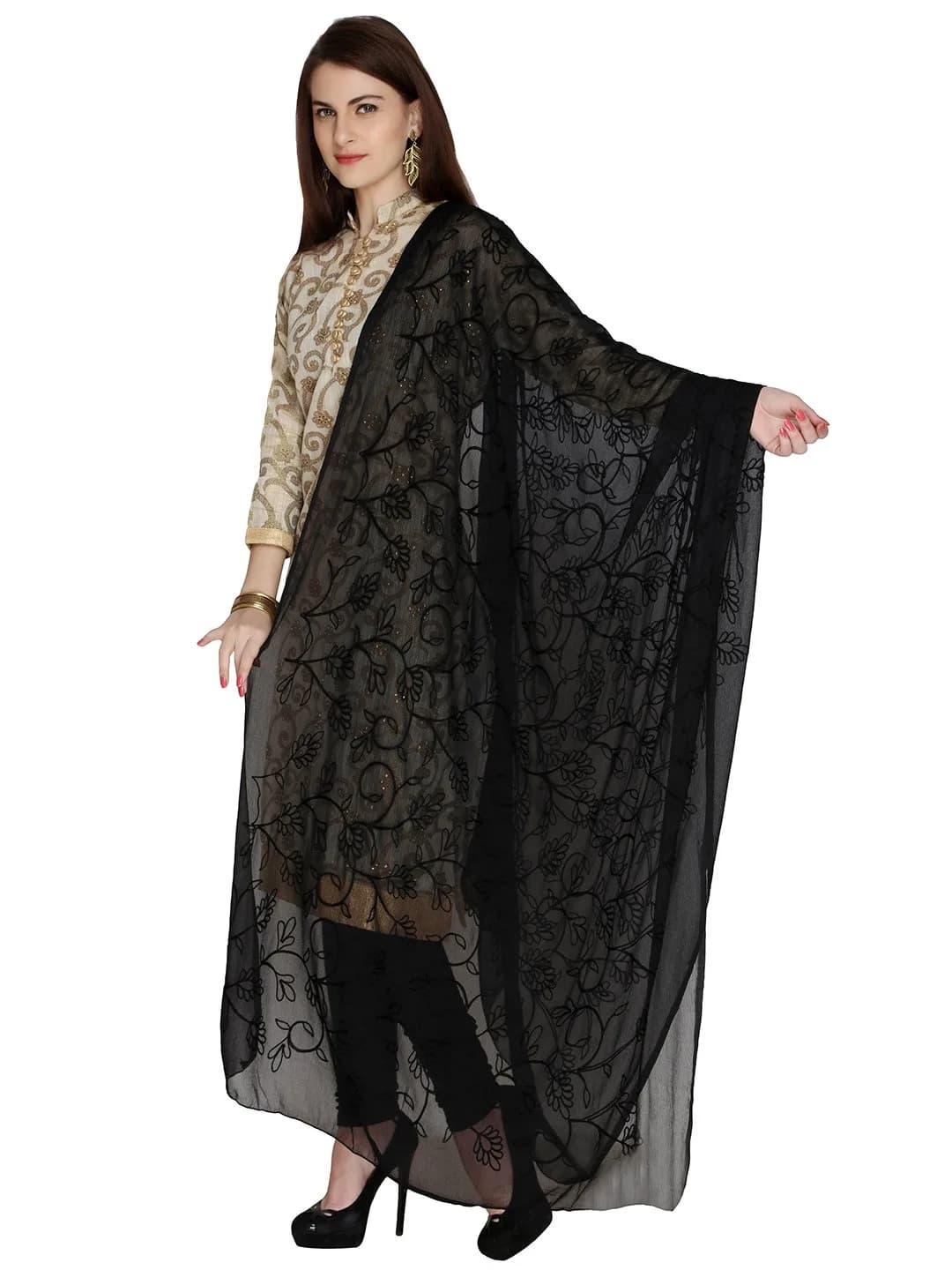 DUPATTA BAZAAR Women's Embroidered Black Chiffon Dupatta 24cm x 28cm (93" x 42") | Soft & Breathable with Aari Work - main product image
