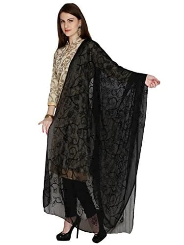 DUPATTA BAZAAR Women's Embroidered Black Chiffon Dupatta 24cm x 28cm (93" x 42") | Soft & Breathable with Aari Work thumbnail 1