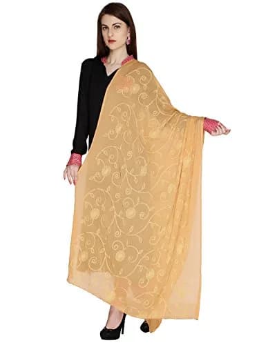 DUPATTA BAZAAR Embroidered Beige Chiffon Chunni 93x42 inch (236x107 cm) thumbnail 1