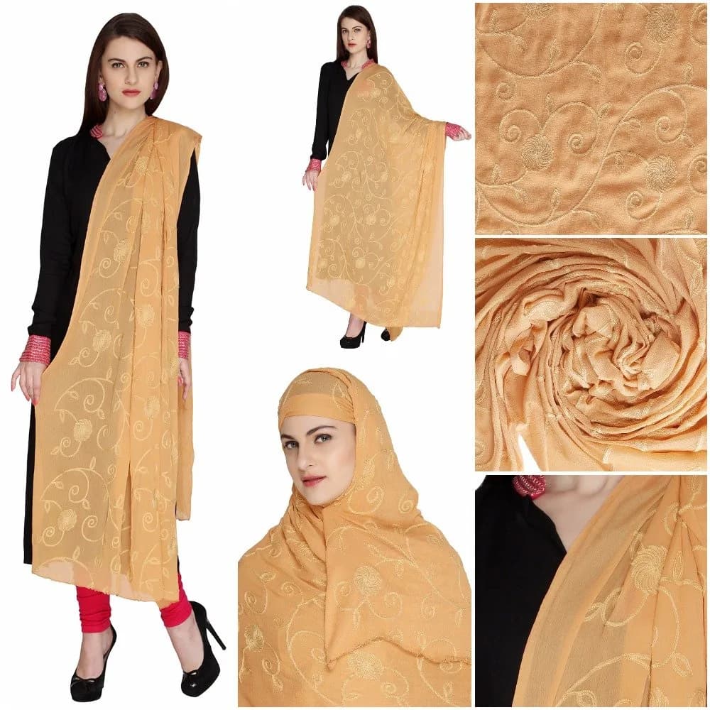 DUPATTA BAZAAR Embroidered Beige Chiffon Chunni 93x42 inch (236x107 cm) - view 7