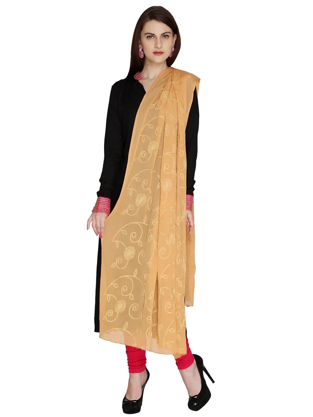 DUPATTA BAZAAR Embroidered Beige Chiffon Chunni 93x42 inch (236x107 cm) - view 3