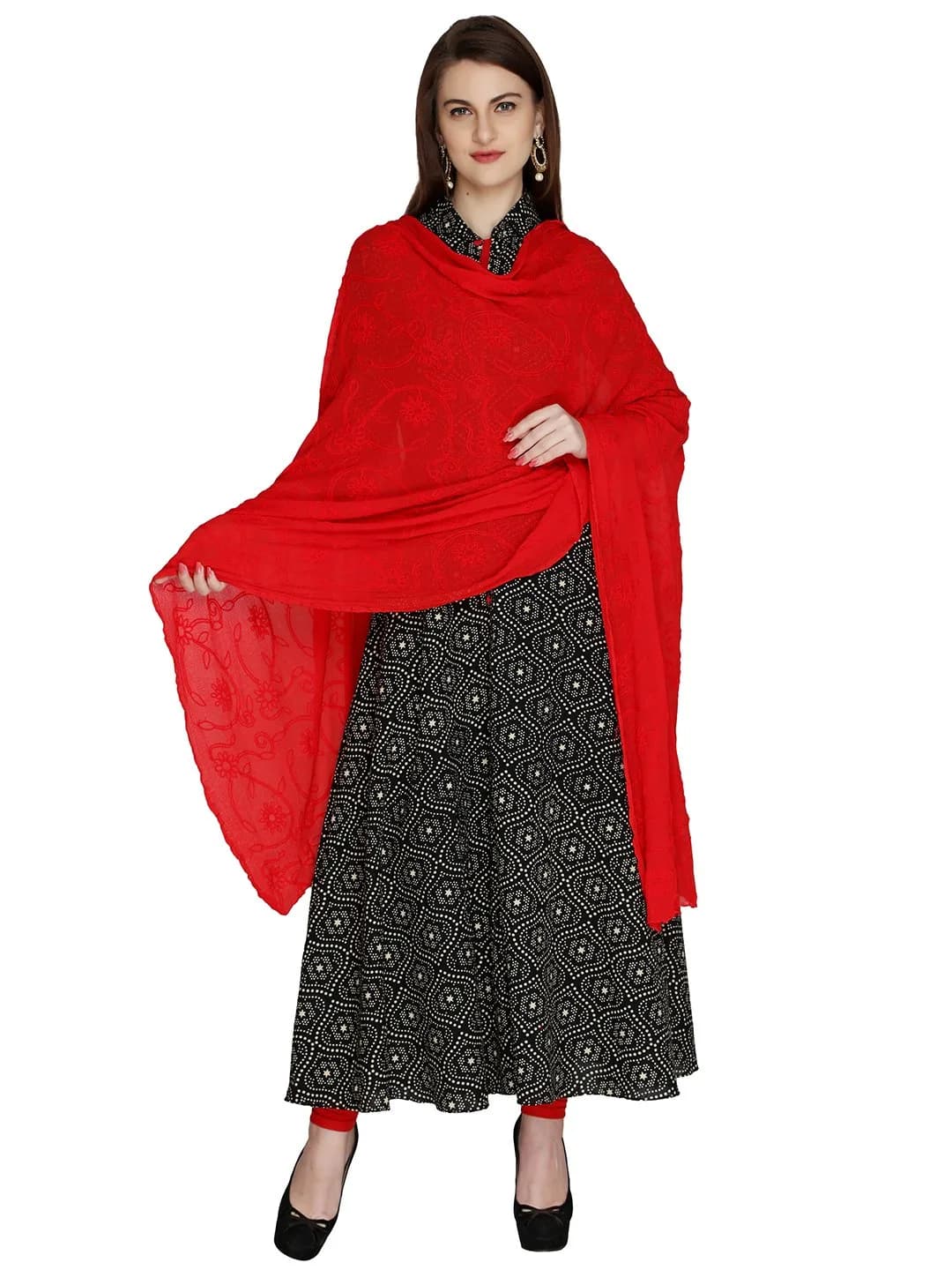 DUPATTA BAZAAR Red Embroidered Chiffon Dupatta 93x42 inch (236x107 cm) | Authentic Indian Style - main product image