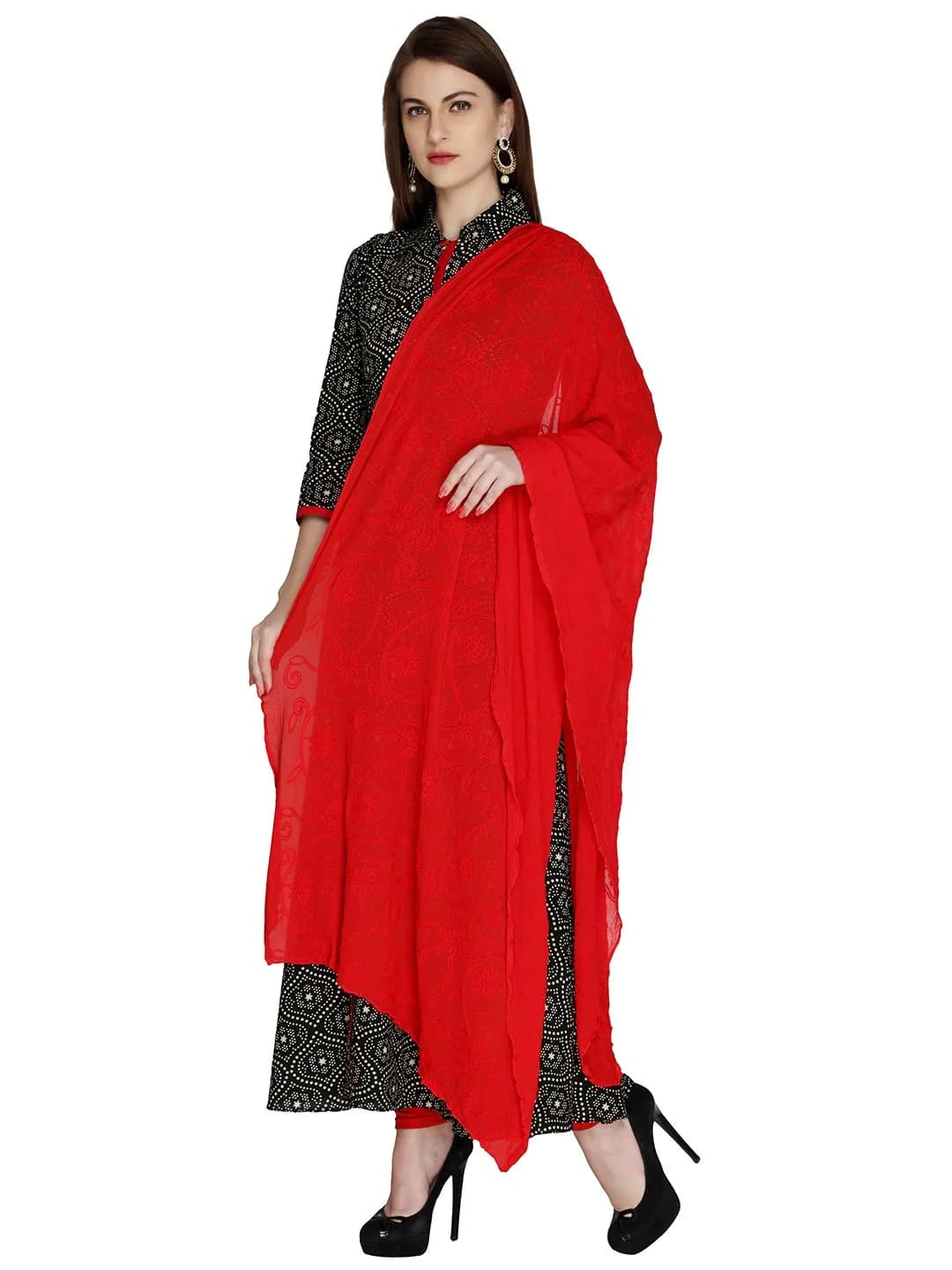 DUPATTA BAZAAR Red Embroidered Chiffon Dupatta 93x42 inch (236x107 cm) | Authentic Indian Style - view 2