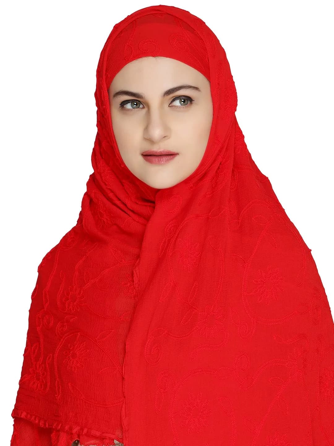 DUPATTA BAZAAR Red Embroidered Chiffon Dupatta 93x42 inch (236x107 cm) | Authentic Indian Style - view 3