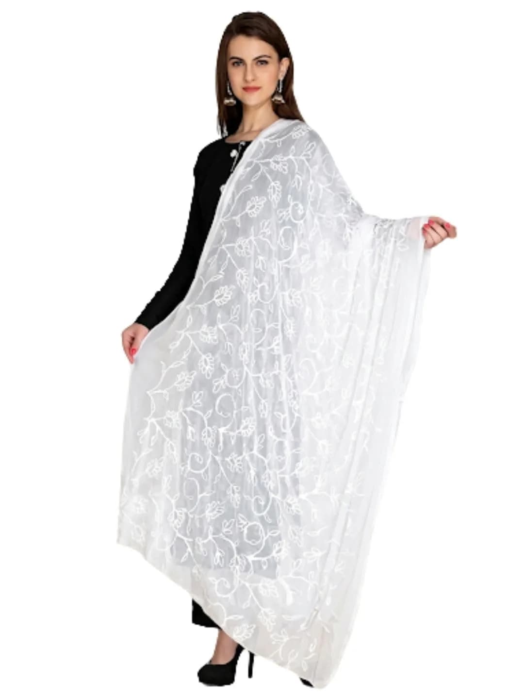 DUPATTA BAZAAR Embroidered White Chiffon Dupatta 93x42 inch (236x107 cm) - view 5