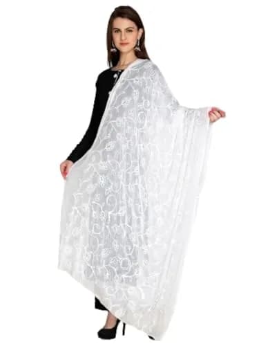 DUPATTA BAZAAR Embroidered White Chiffon Dupatta 93x42 inch (236x107 cm) thumbnail 5