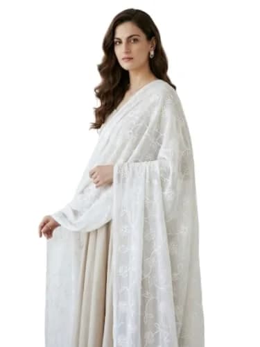 DUPATTA BAZAAR Embroidered White Chiffon Dupatta 93x42 inch (236x107 cm) thumbnail 1