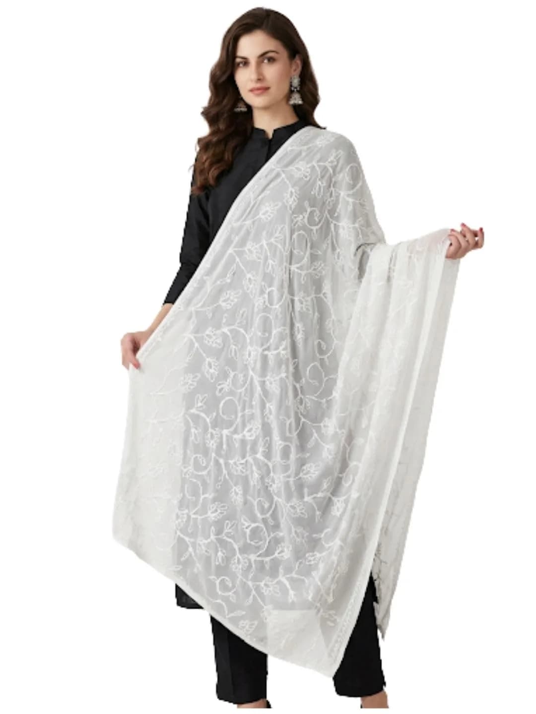 DUPATTA BAZAAR Embroidered White Chiffon Dupatta 93x42 inch (236x107 cm) - view 2