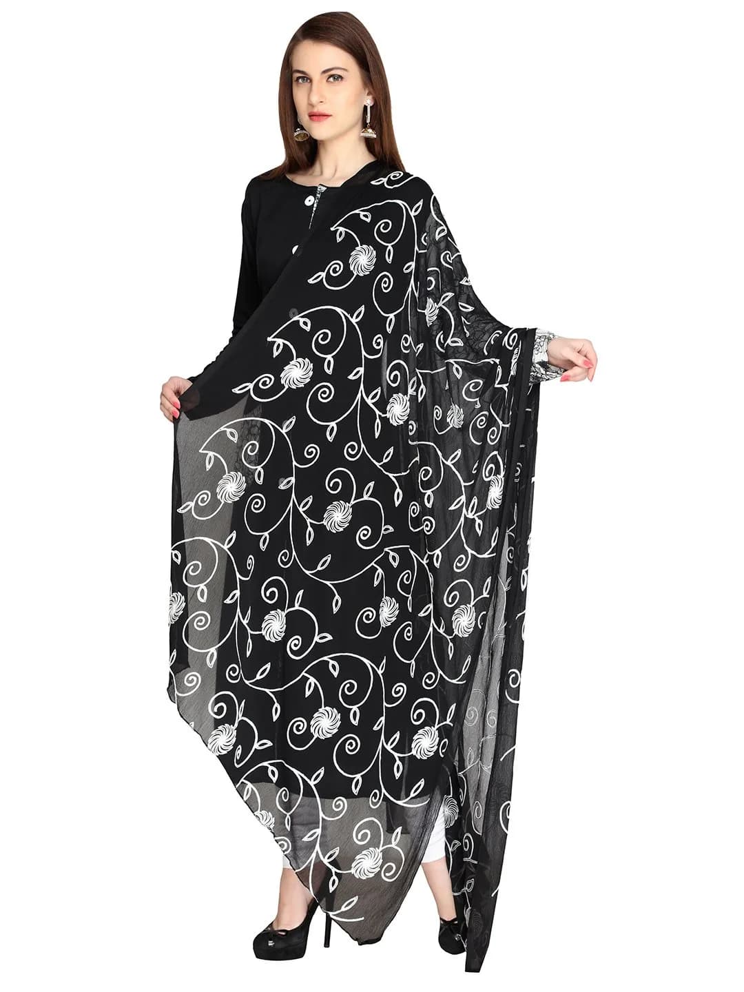 DUPATTA BAZAAR Embroidered Black Chiffon Dupatta with Lace Border 231 cm (91 inch) | Floral Aari Work - main product image