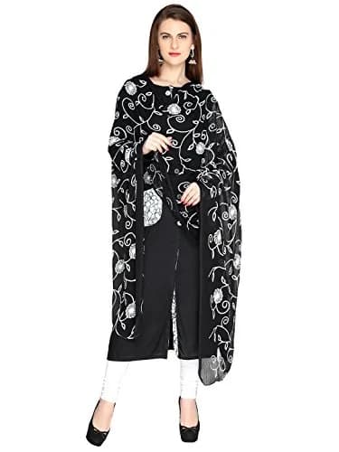 DUPATTA BAZAAR Embroidered Black Chiffon Dupatta with Lace Border 231 cm (91 inch) | Floral Aari Work thumbnail 2