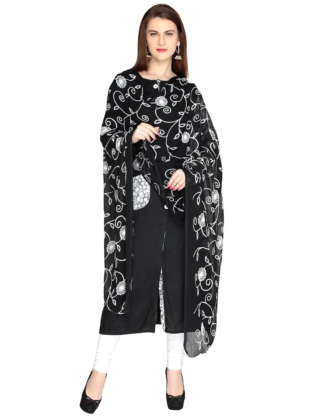 DUPATTA BAZAAR Embroidered Black Chiffon Dupatta with Lace Border 231 cm (91 inch) | Floral Aari Work - view 2