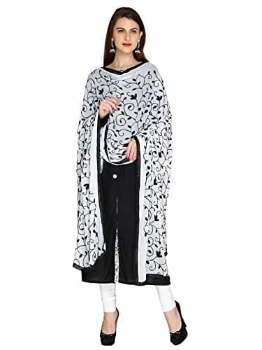 Dupatta Bazaar Embroidered Chiffon Dupatta with Lace Border, 97cm x 236cm (38" x 93") | White on Black Floral Aari Work thumbnail 1