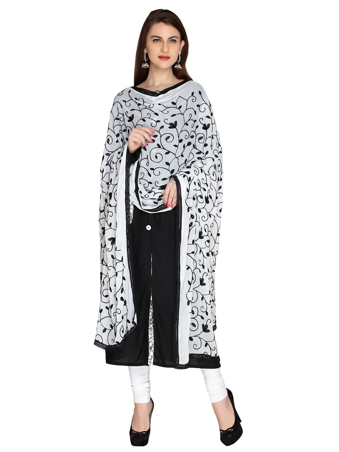 Dupatta Bazaar Embroidered Chiffon Dupatta with Lace Border, 97cm x 236cm (38" x 93") | White on Black Floral Aari Work - main product image