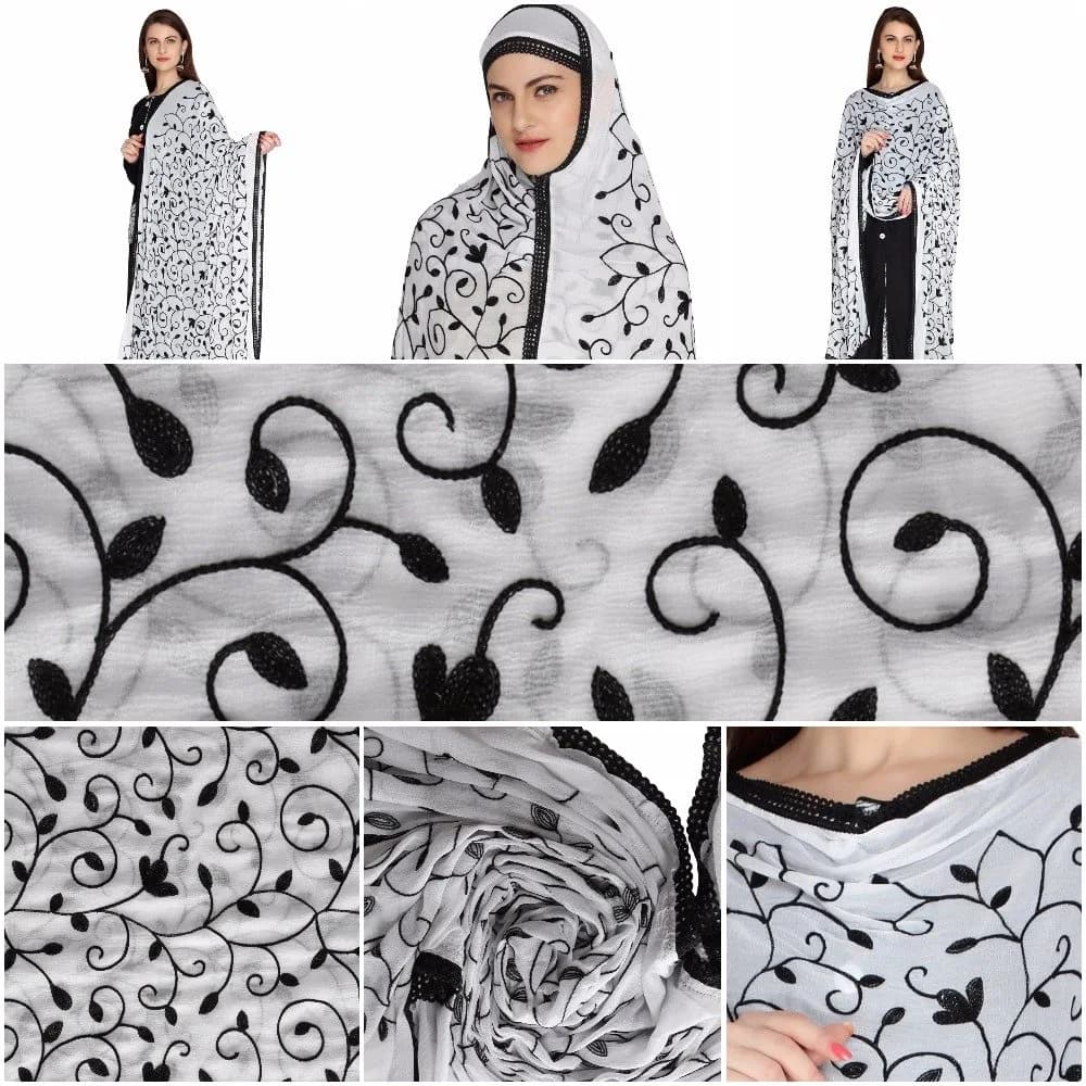 Dupatta Bazaar Embroidered Chiffon Dupatta with Lace Border, 97cm x 236cm (38" x 93") | White on Black Floral Aari Work - view 7