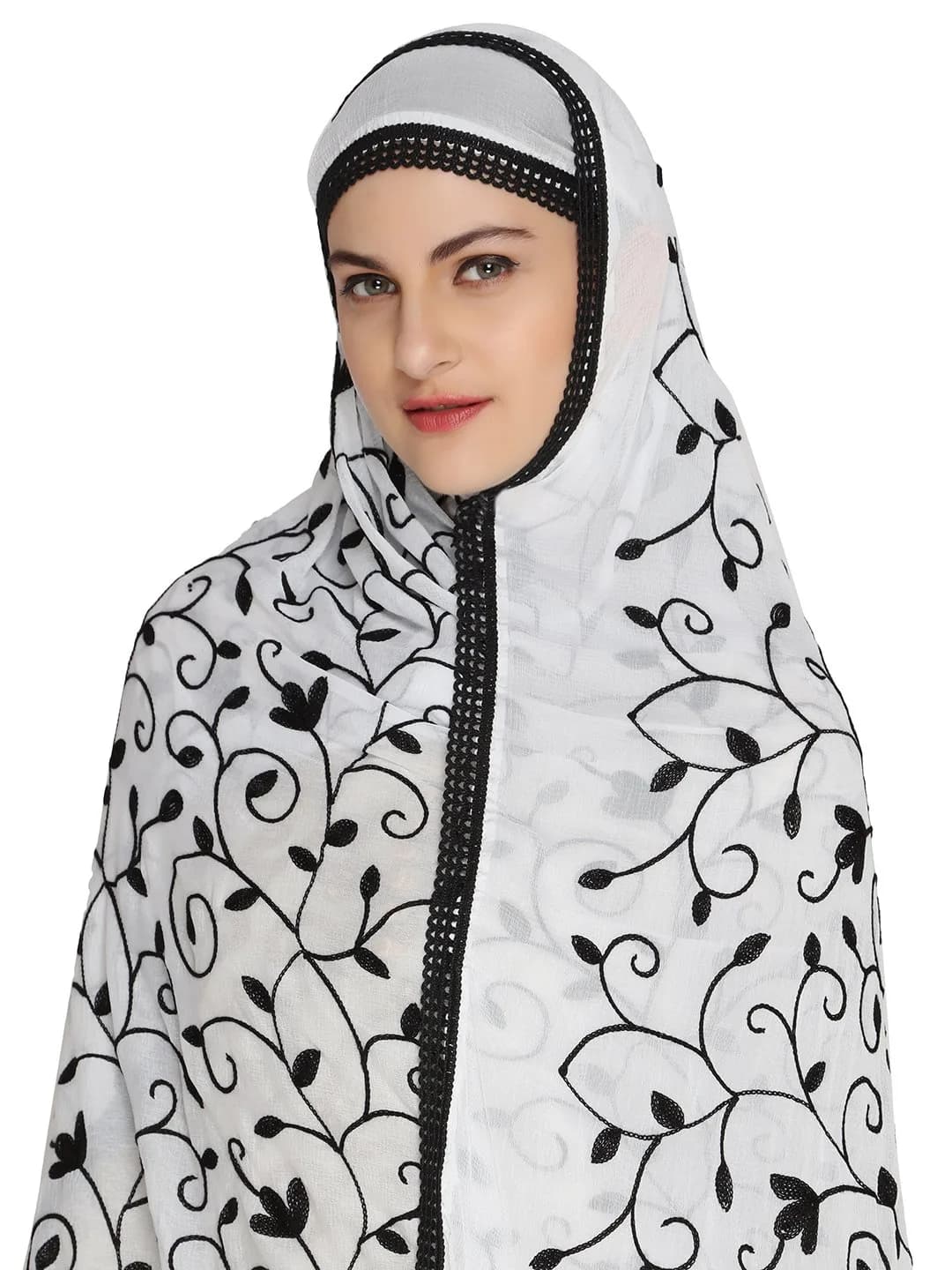 Dupatta Bazaar Embroidered Chiffon Dupatta with Lace Border, 97cm x 236cm (38" x 93") | White on Black Floral Aari Work - view 2