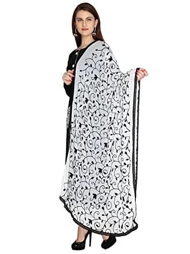 Dupatta Bazaar Embroidered Chiffon Dupatta with Lace Border, 97cm x 236cm (38" x 93") | White on Black Floral Aari Work thumbnail 3