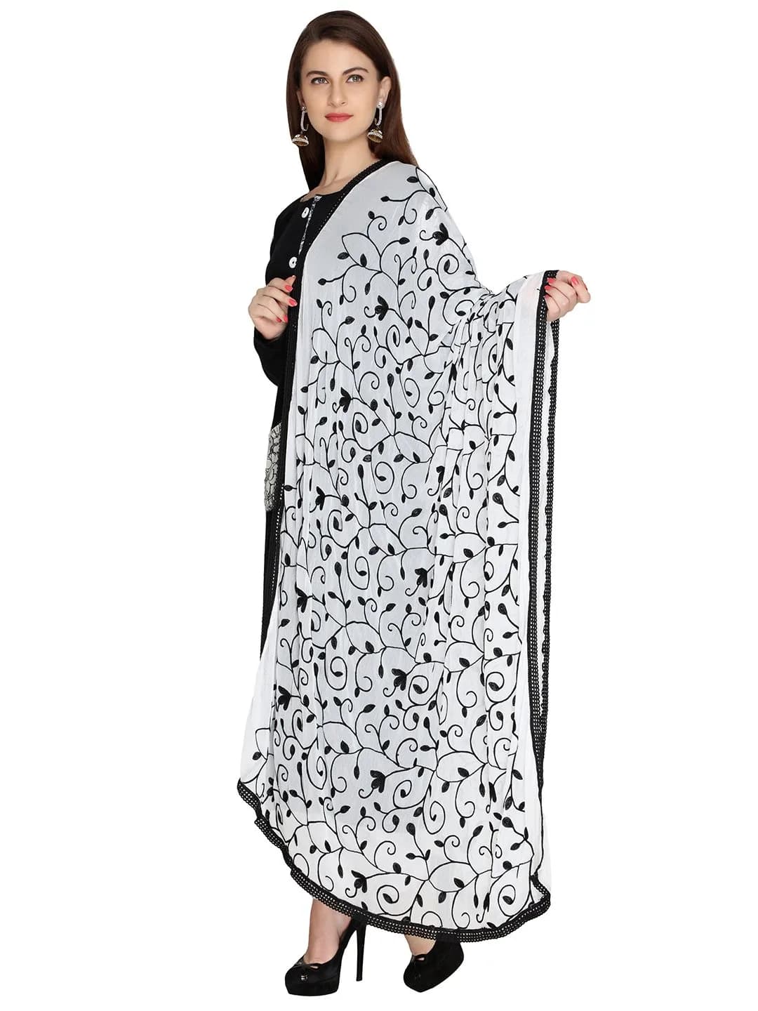 Dupatta Bazaar Embroidered Chiffon Dupatta with Lace Border, 97cm x 236cm (38" x 93") | White on Black Floral Aari Work - view 3