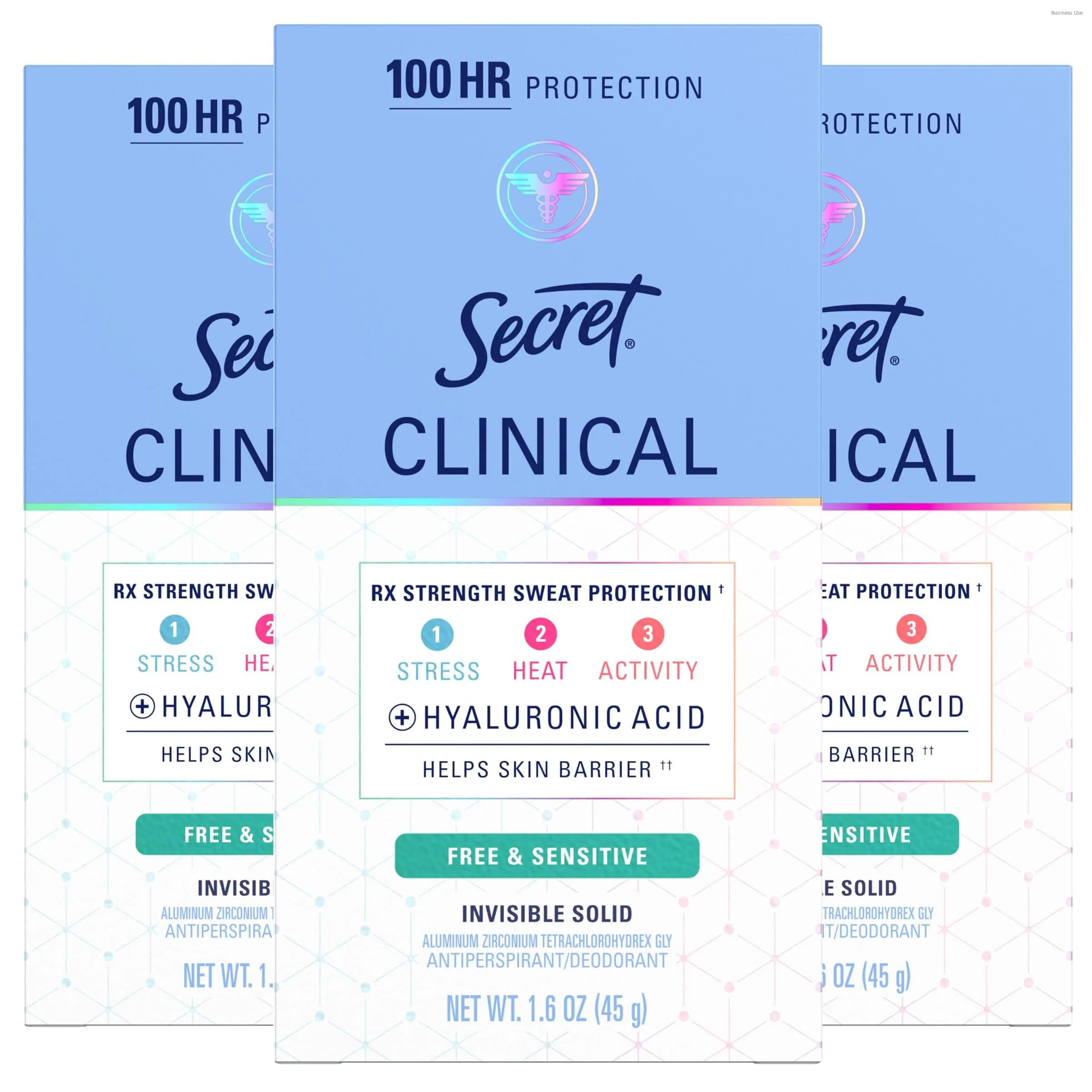 Secret Clinical Strength Antiperspirant Deodorant for Women, Free & Sensitive, 100hr Protection, 3X Stress Protection, Invisible Solid, Unscented, 4.8 oz (Pack of 3) - main product image