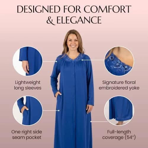 Shadowline Women's Petals Long Sleeve Full Length Button Front Housecoat, Navy, 1X | Elegant, Full-Length Sleepwear for Women thumbnail 4