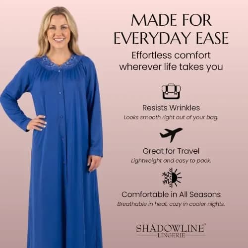 Shadowline Women's Petals Long Sleeve Full Length Button Front Housecoat, Navy, 1X | Elegant, Full-Length Sleepwear for Women thumbnail 6
