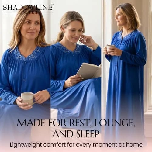 Shadowline Women's Petals Long Sleeve Full Length Button Front Housecoat, Navy, 1X | Elegant, Full-Length Sleepwear for Women thumbnail 8
