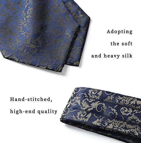 HISDERN Men's Navy Blue Floral Ascot Tie & Pocket Square Set | 126cm (49.6") Length thumbnail 4