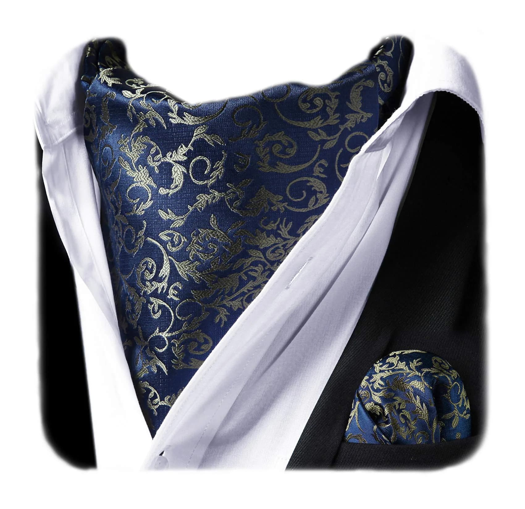 HISDERN Men's Navy Blue Floral Ascot Tie & Pocket Square Set | 126cm (49.6") Length - main product image