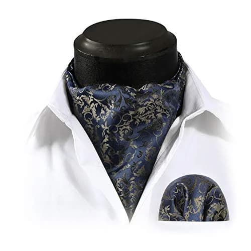 HISDERN Men's Navy Blue Floral Ascot Tie & Pocket Square Set | 126cm (49.6") Length thumbnail 2