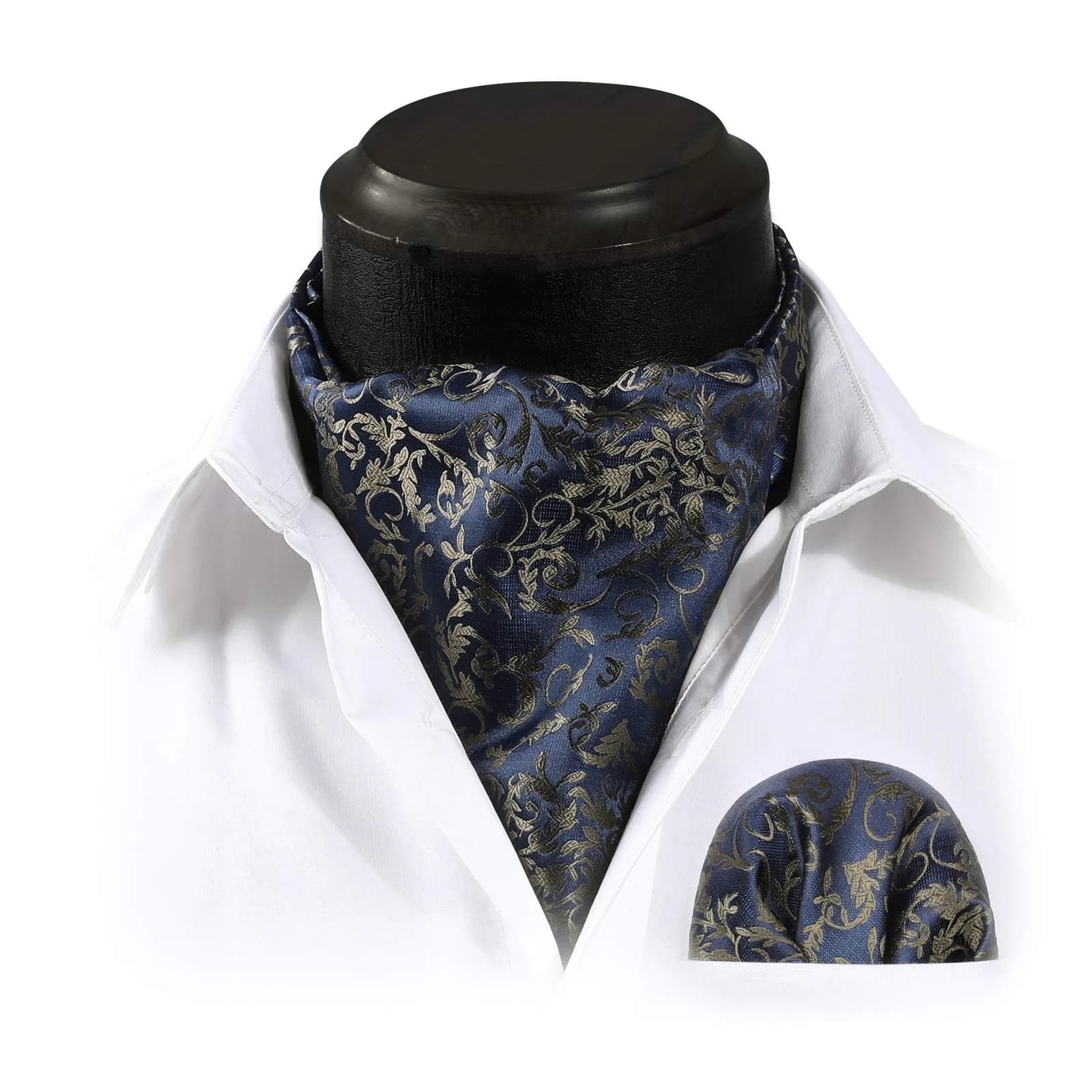 HISDERN Men's Navy Blue Floral Ascot Tie & Pocket Square Set | 126cm (49.6") Length - view 2