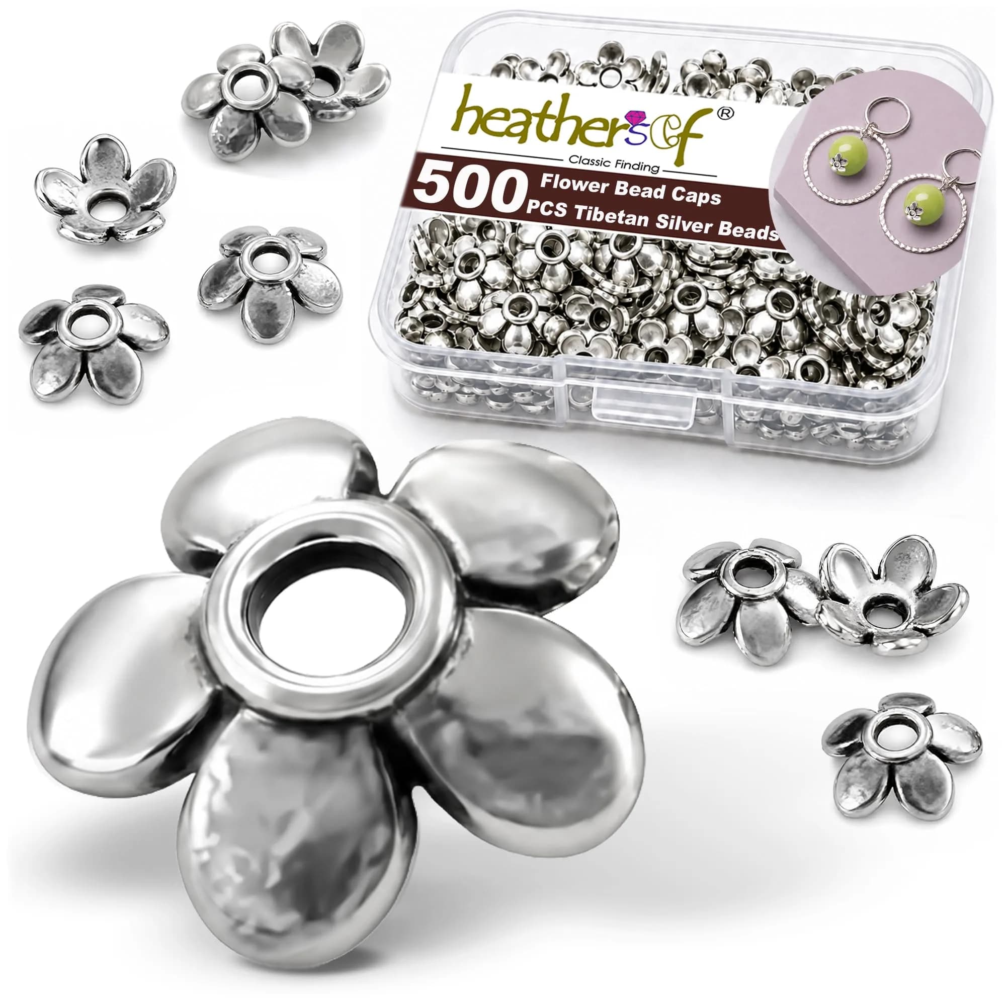 Heather's cf Silver Petal Bead Caps for Jewelry Making 6mm | Vintage Tibetan Spacer - main product image