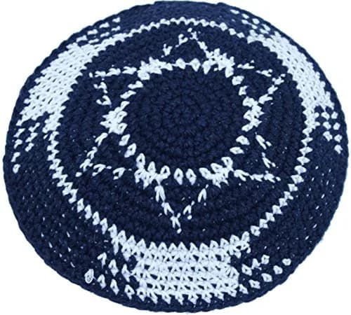 Holy Land Market Dark Blue/White with Star of David 17cm | Knitted Cotton Kippah for Jewish Men thumbnail 1