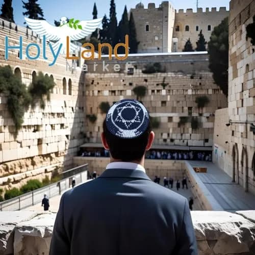 Holy Land Market Dark Blue/White with Star of David 17cm | Knitted Cotton Kippah for Jewish Men thumbnail 2