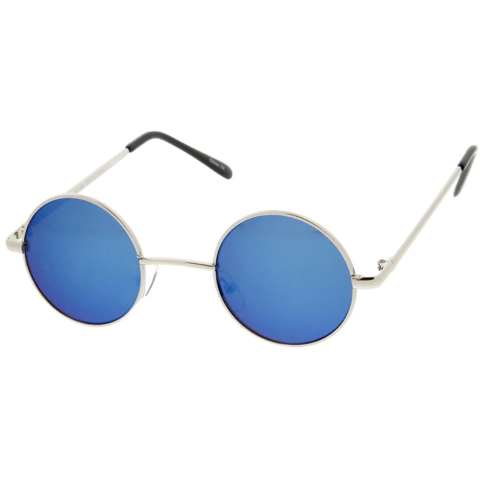 zeroUV Small Retro Classic Style Colored Mirror Lens Round Metal Sunglasses 41mm (Silver/Green-Blue Mirror) | UV400 Protection — Silver / Blue Mirror