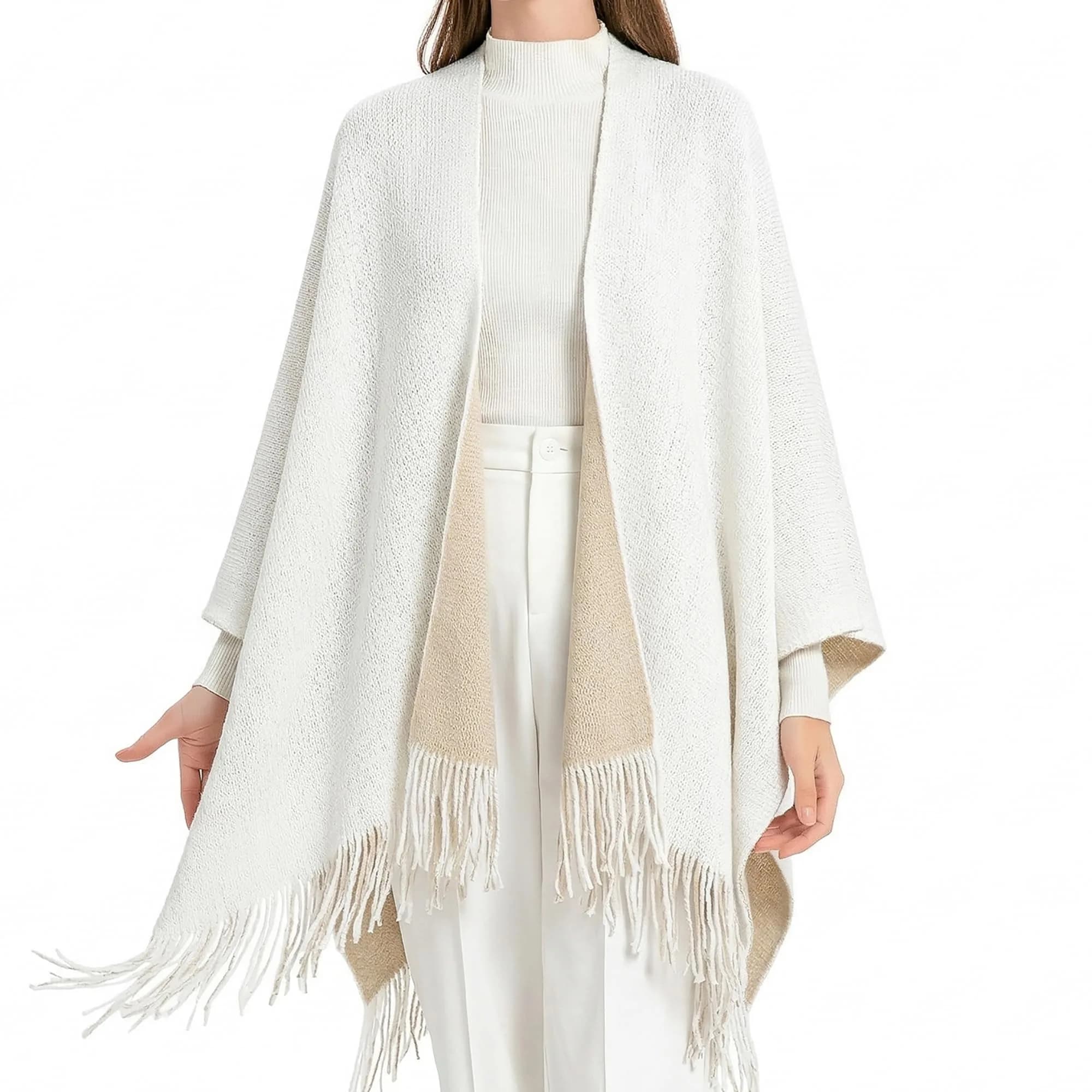 ZLYC Reversible Knit Cardigan Fringe Shawl Blanket Wrap, White | Casual, Warm, Reversible